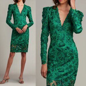 NWT Tadashi Shoji Padgett Long Sleeve Embroidered Dress Pine Green Size 12